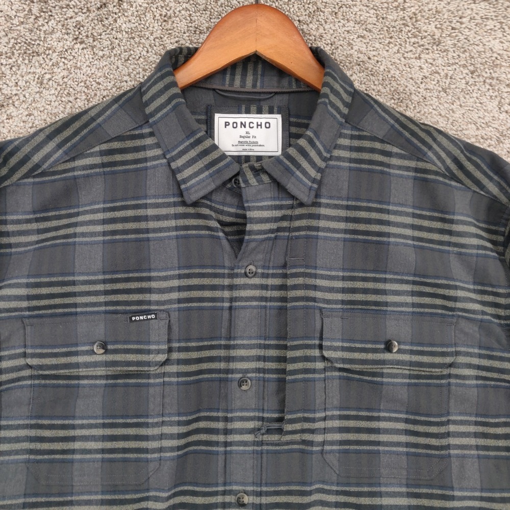 Poncho Shirt Mens XL Gray Plaid Flannel Button Long Sleeve Magnetic Pockets